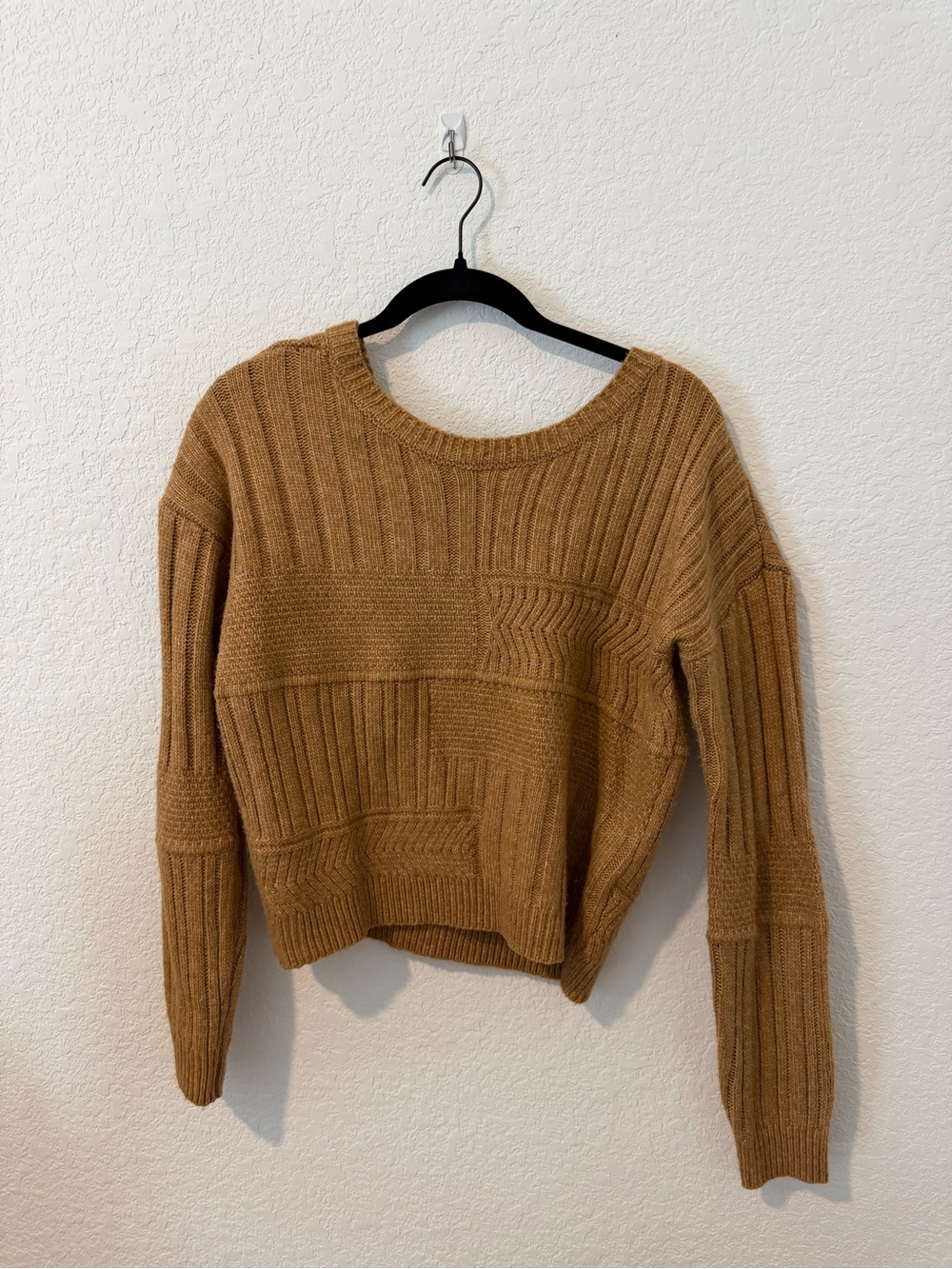 Francesca's Collections Camel Patchwork Rib Crewneck Sweater